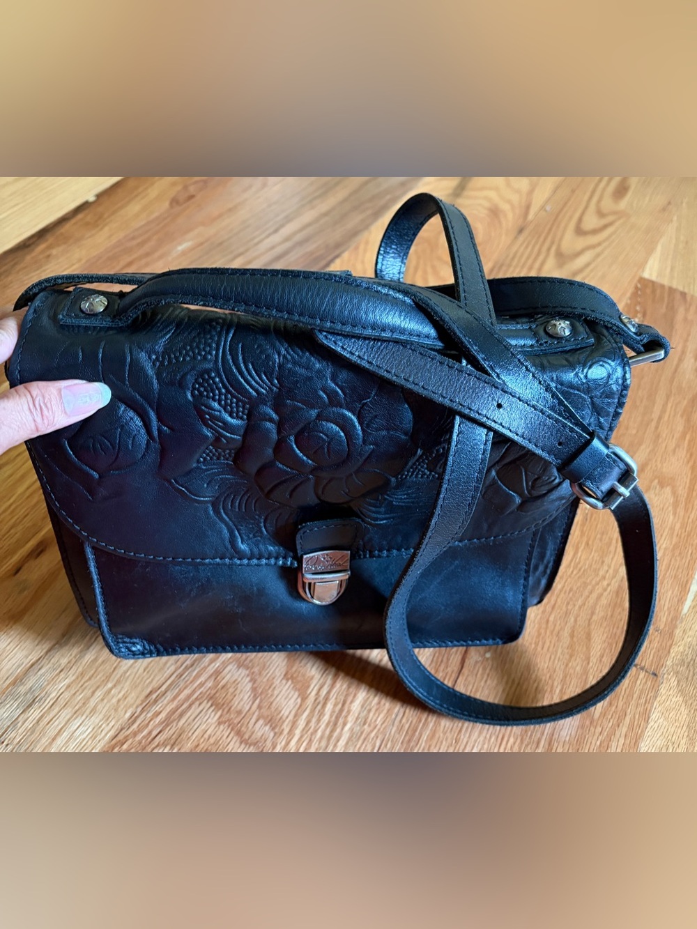 Patricia Nash Black Embossed Floral Leather Crossbody Bag